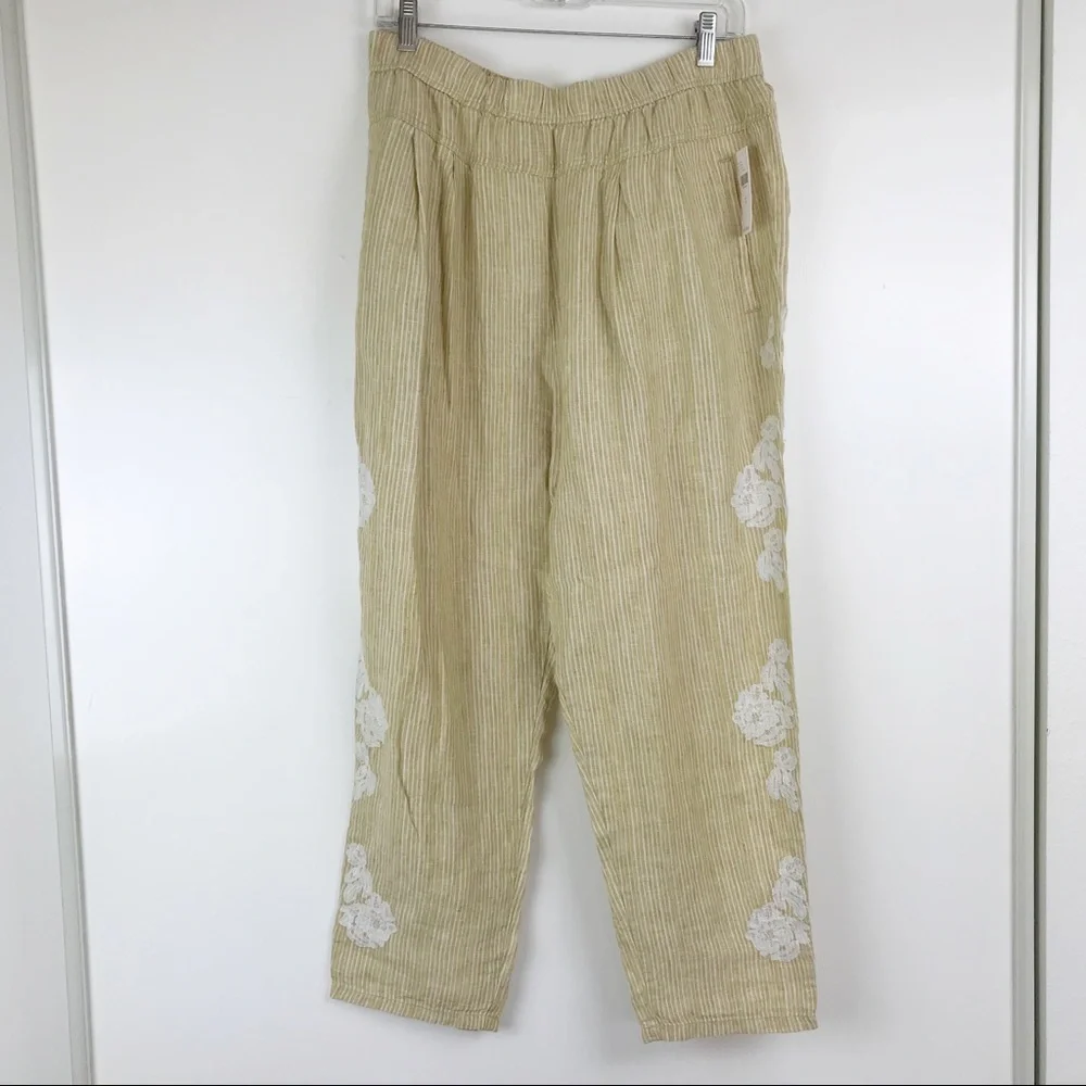 Anthropologie Linen Embroidered Stripe Ankle Pants - Picture 2 of 8